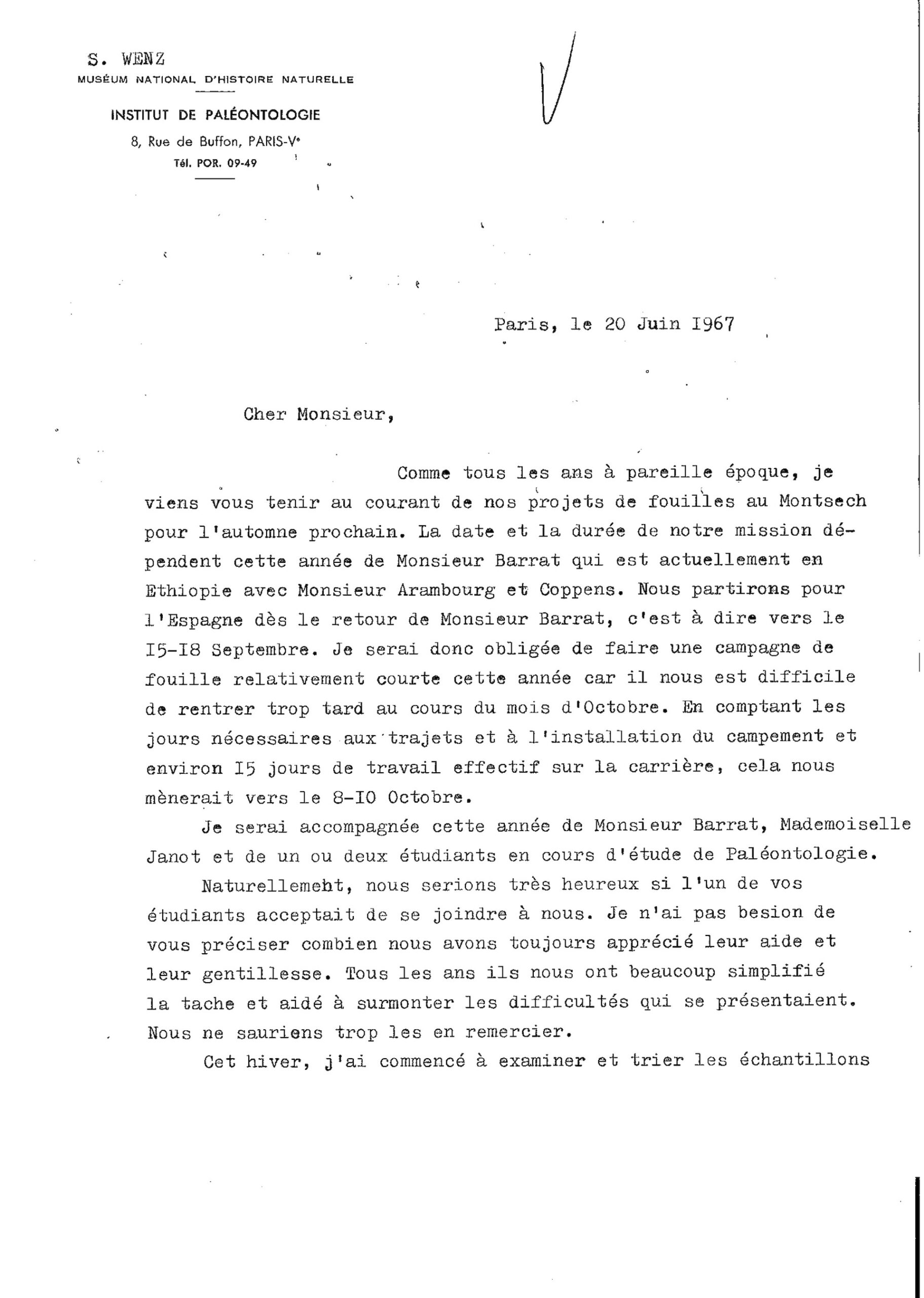 Carta de Sylvie Wenz a Crusafont, en data 20 de juny de 1967. ©Arxiu Miquel Crusafont/ICP.