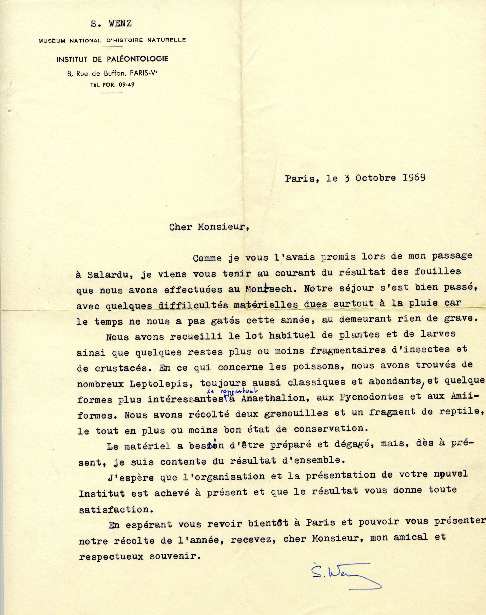 Carta de Sylvie Wenz a Crusafont, en data 3 d’octubre de 1969. ©Arxiu Miquel Crusafont/ICP.